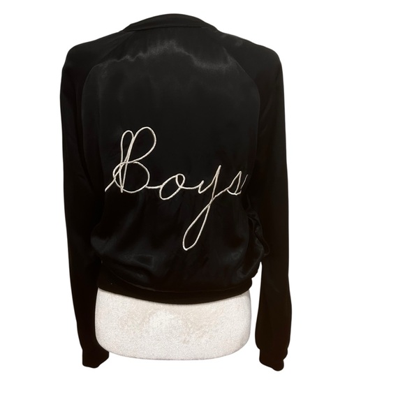 Reformation Satin Bomber Black Jacket XS/S Womens Embroidered Boys on Back sexy - Picture 1 of 16